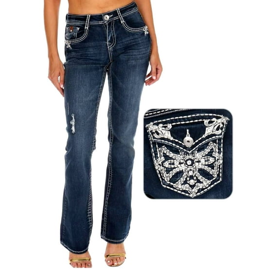 Jack David Women's Rhinestone Mid Rise Boot Cut Medium/Dark Wash Denim Jeans