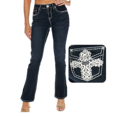 Jack David Women's Rhinestone Mid Rise Boot Cut Medium/Dark Wash Denim Jeans
