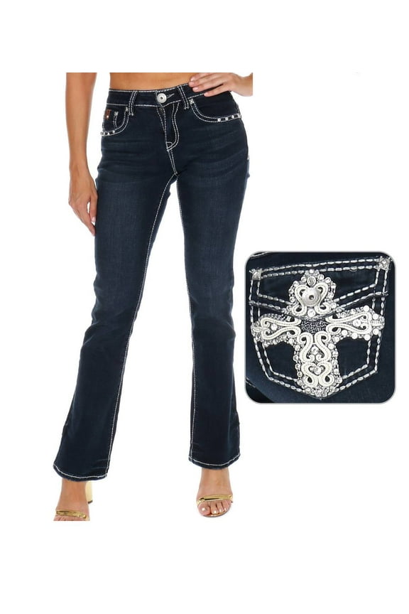 Women's Rhinestone Mid Rise Boot Cut Medium/Dark Wash Denim Jeans