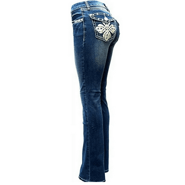 Jack David Women's Rhinestone Mid Rise Bootcut Stretchy Denim Jeans Pants (Bootcut Blue 3526bt)