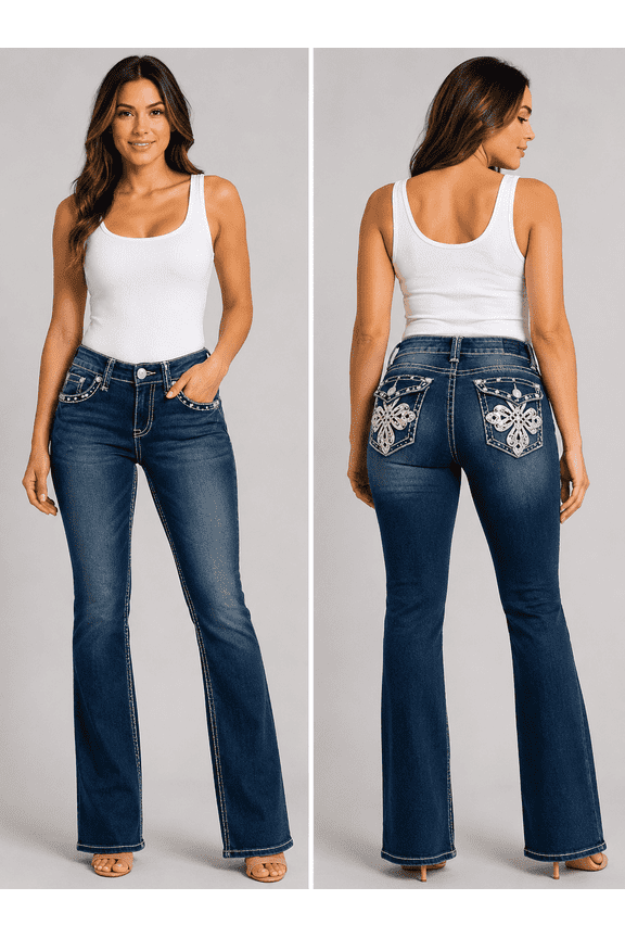 Women's Rhinestone Mid Rise Bootcut Stretchy Denim Jeans Pants (Bootcut Blue 3526bt)