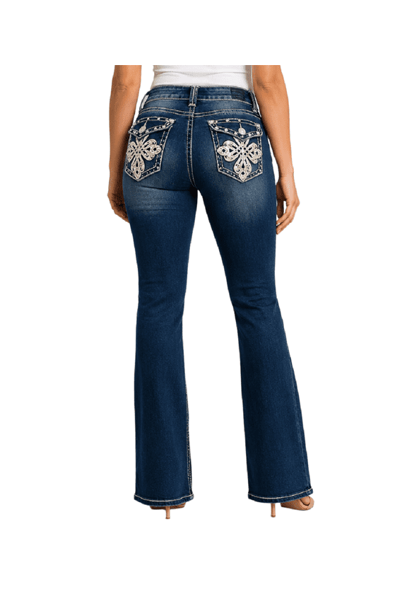 Women's Rhinestone Mid Rise Bootcut Stretchy Denim Jeans Pants (Bootcut Blue 3526bt)