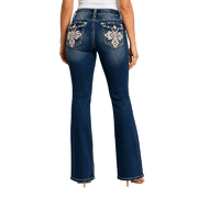 Jack David Womens Rhinestone Mid Rise Bootcut Stretchy Denim Jeans Pants Bootcut Blue 3526bt