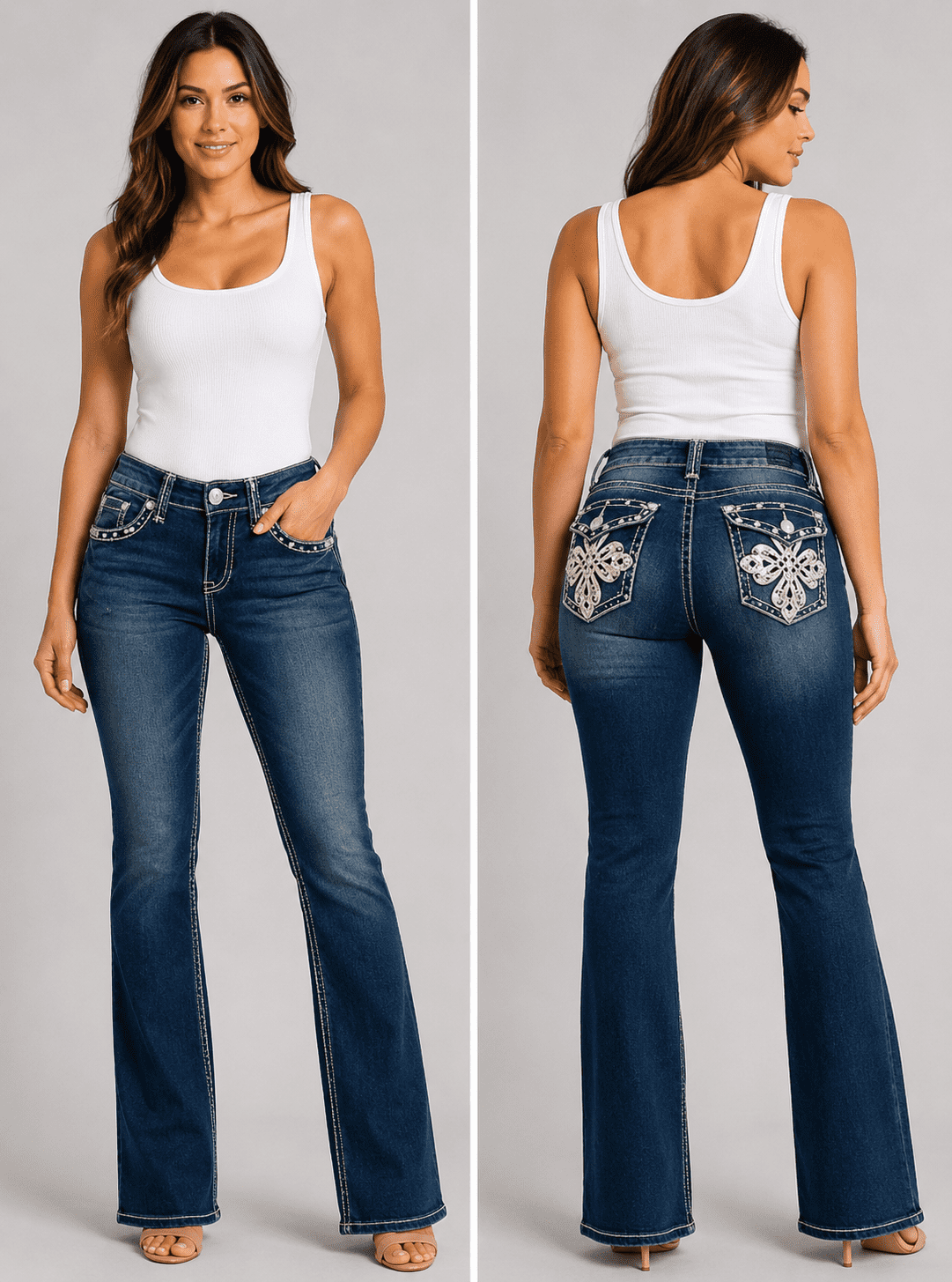 Jack David Women's Mid Rise Bootcut Jeans with Rhinestones