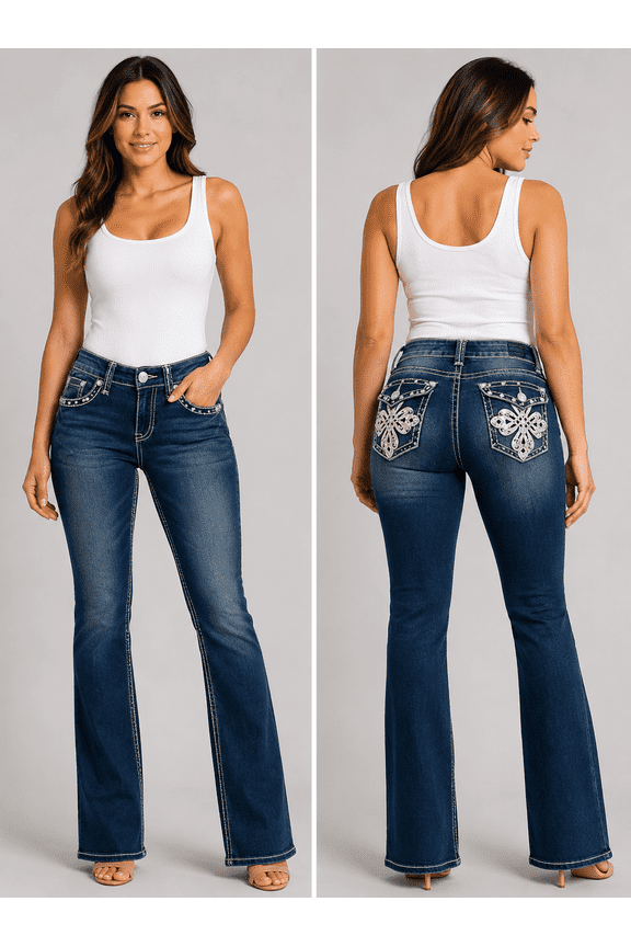 Women's Rhinestone Mid Rise Bootcut Stretchy Denim Jeans Pants (Bootcut Blue 3526bt)