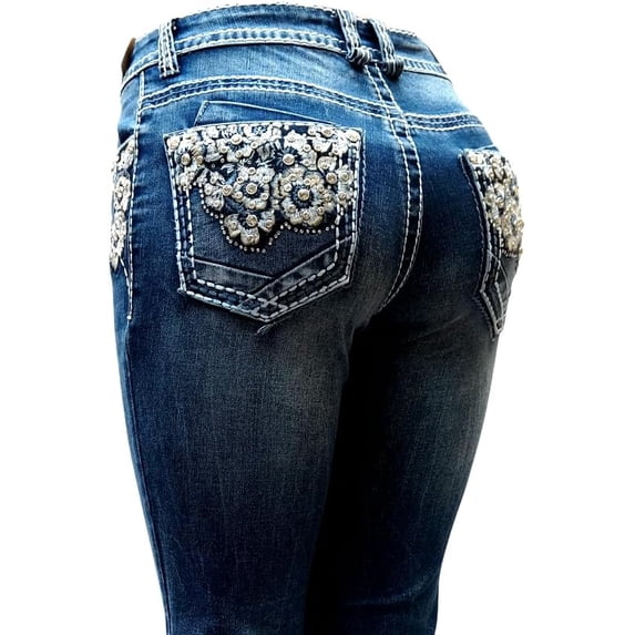 Jack David Women's Rhinestone Mid Rise Bootcut Stretchy Denim Jeans Pants (Bootcut Blue NV4007)