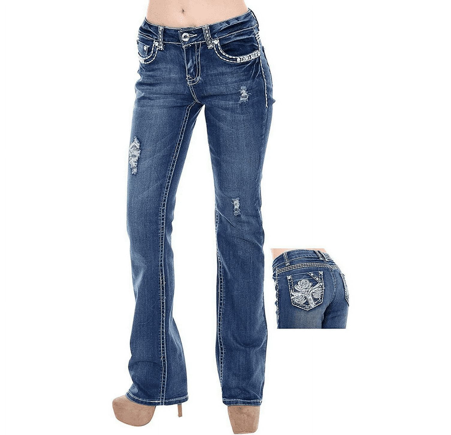 【SCULPTOR】Rhinestone Lowrise Denim Mid Blue Jack David Women's Mid Rise Bootcut Stretchy Denim Jeans