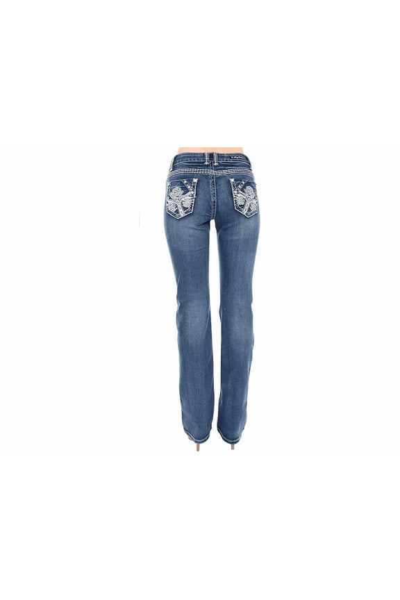 Women's Rhinestone Mid Rise Bootcut Stretchy Denim Jeans Pants (Bootcut Blue S96-pb )