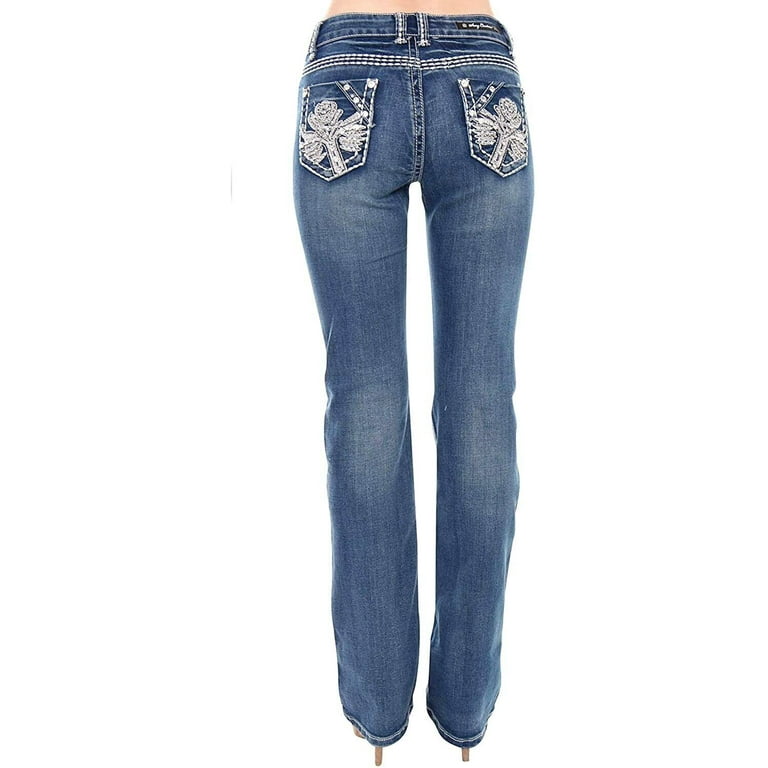Jack David Women's Rhinestone Mid Rise Bootcut Stretchy Denim Jeans Pants ( Bootcut Blue S96-pb) 