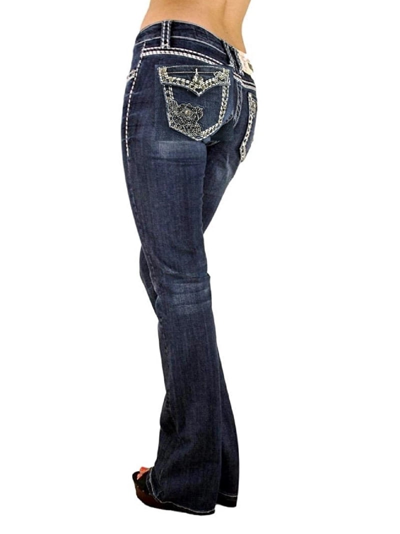 Jack David Women's Rhinestone Mid Rise Bootcut Stretchy Denim