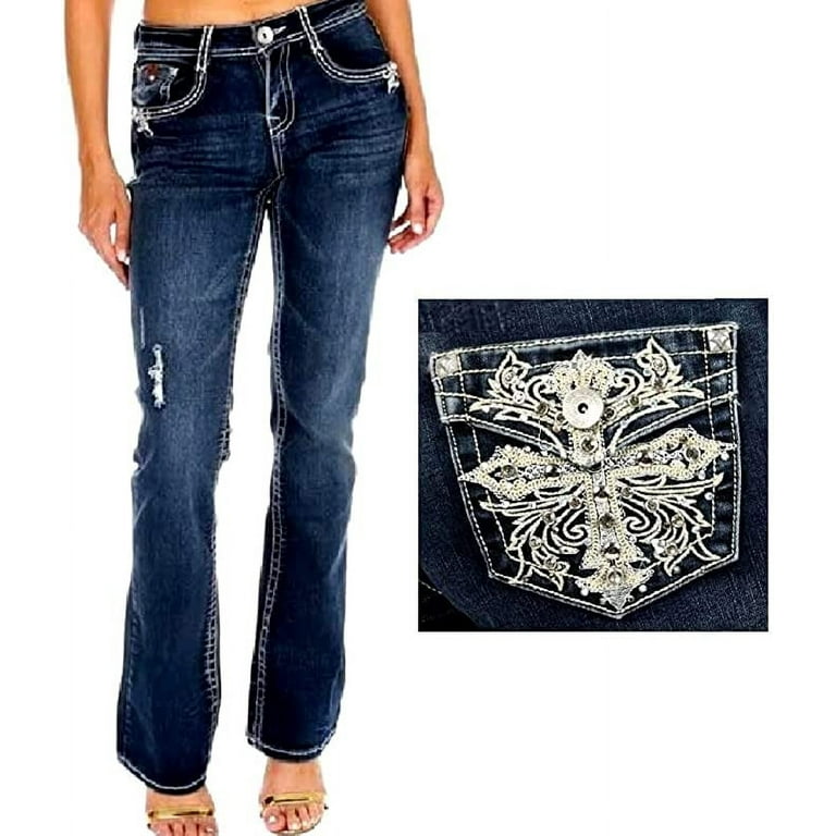 Jack David Women's Rhinestone Mid Rise Dark/Medium Wash Denim Boot Cut Jeans  