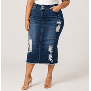 Jack David Womens Plus Size Below Kne Length Midi Pencil Ripped Denim jean Skirt (JD-SKIRT-Q1000-R)