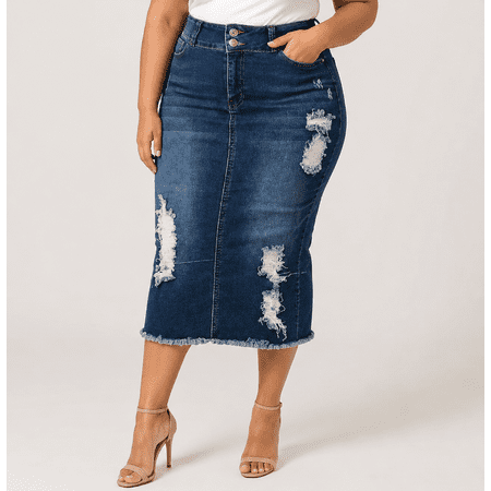 Jack David Womens Plus Size Below Kne Length Midi Pencil Ripped Denim jean Skirt (JD-SKIRT-Q1000-R)