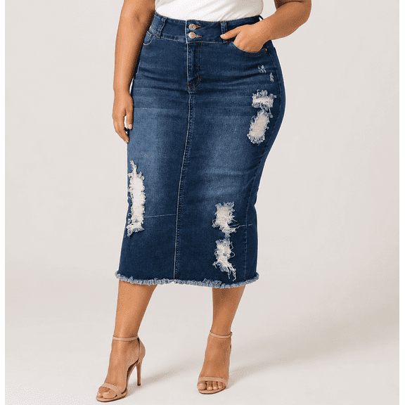 Jack David Womens Plus Size Below Kne Length Midi Pencil Ripped Denim jean Skirt (JD-SKIRT-Q1000-R)