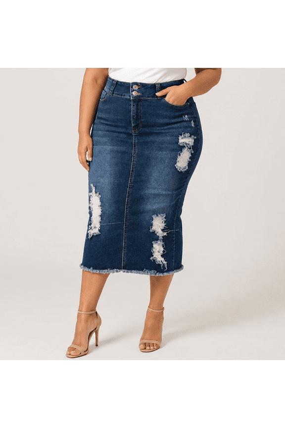 Womens Plus Size Below Kne Length Midi Pencil Ripped Denim jean Skirt (JD-SKIRT-Q1000-R)