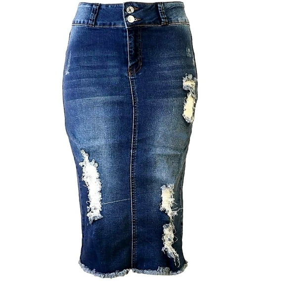 Jack David Womens Plus Size Below Kne Length Midi Pencil Ripped Denim jean Skirt (JD-SKIRT-Q1000-R)