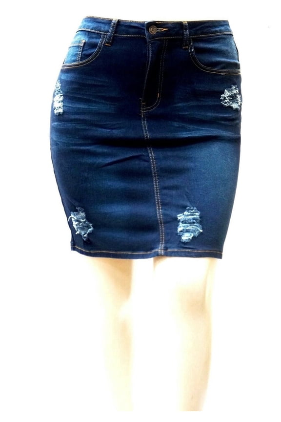 Womens Plus Size Stretch Distressed Ripped Denim Skirt (R462)
