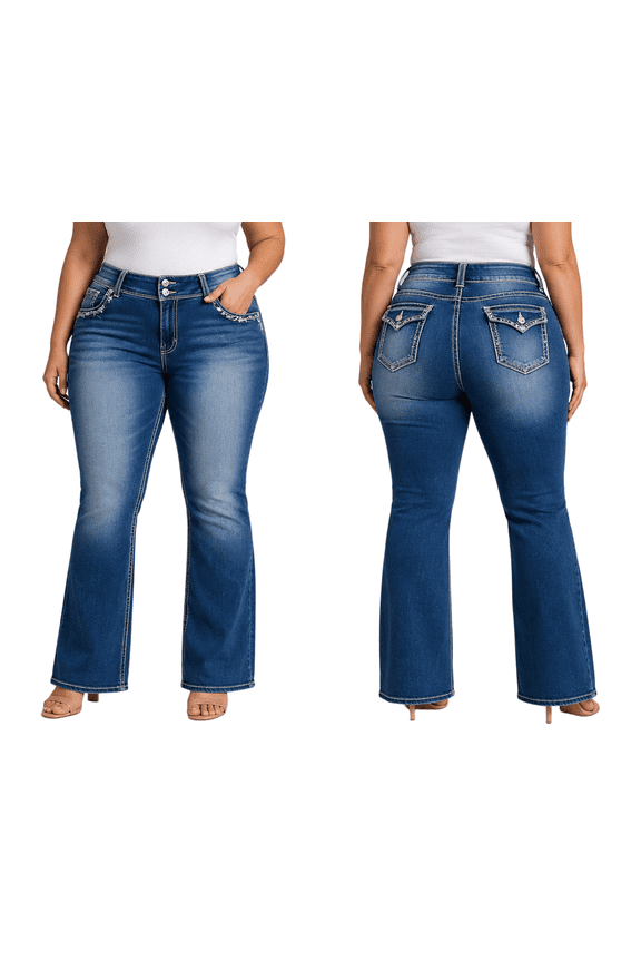 Womens Plus Size Destroy Blue Denim Jeans Bootcut Pants (N596)