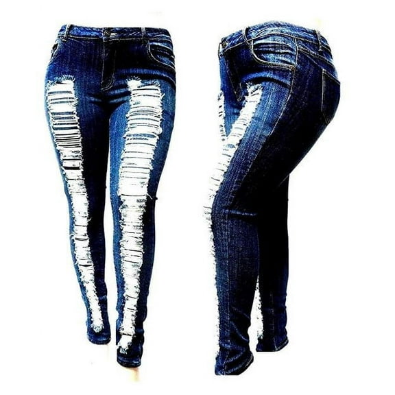Jack David Womens Plus Size Distressed Ripped Blue Skinny Denim Jeans Pants
