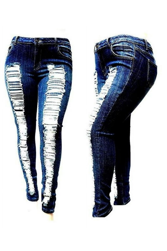 Womens Plus Size Distressed Ripped Blue Skinny Denim Jeans Pants