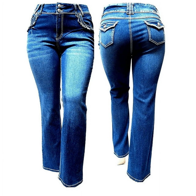 Jack David Womens Plus Size Distressed Ripped Destroy Blue Denim Jeans Bootcut Pants (N596)