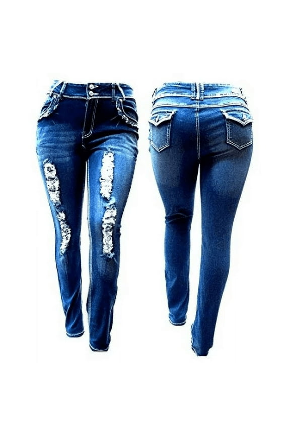 Womens Plus Size Distressed Ripped Destroy Blue Denim Jeans Skinny (N596-Ripped)