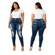 Jack David Womens Plus Size Distressed Ripped Destroy Blue Denim Jeans Skinny (N596-Ripped)