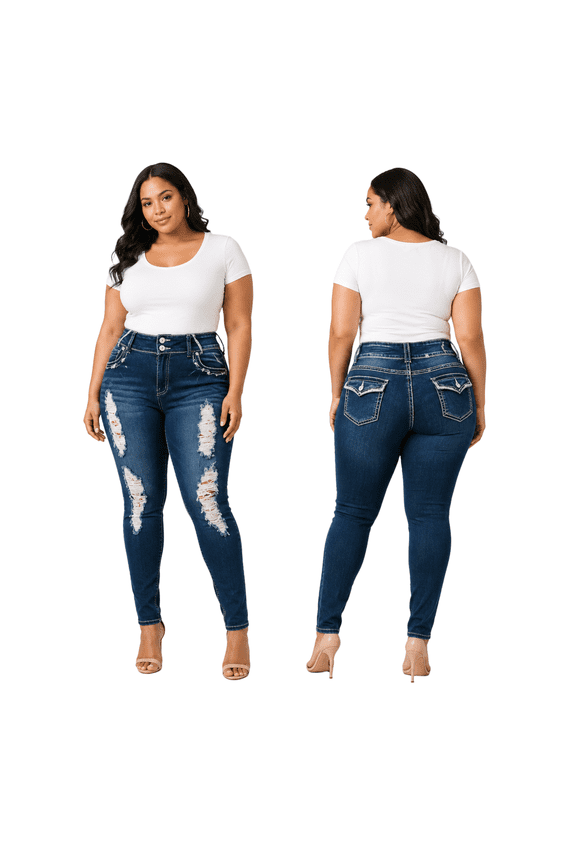 Womens Plus Size Distressed Ripped Destroy Blue Denim Jeans Skinny (N596-Ripped)