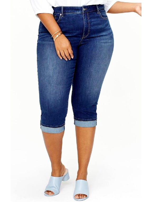 Womens Plus Size Stretch Capri Denim Jeans Pants - Dark Blue (PC-7747)