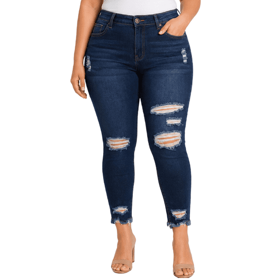 Jack David Womens Plus Size Stretch Distressed Ripped Blue Skinny Denim Jeans (WV74422-R)