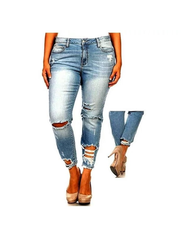 Womens Plus Size Stretch Distressed Ripped Blue Skinny Denim Jeans