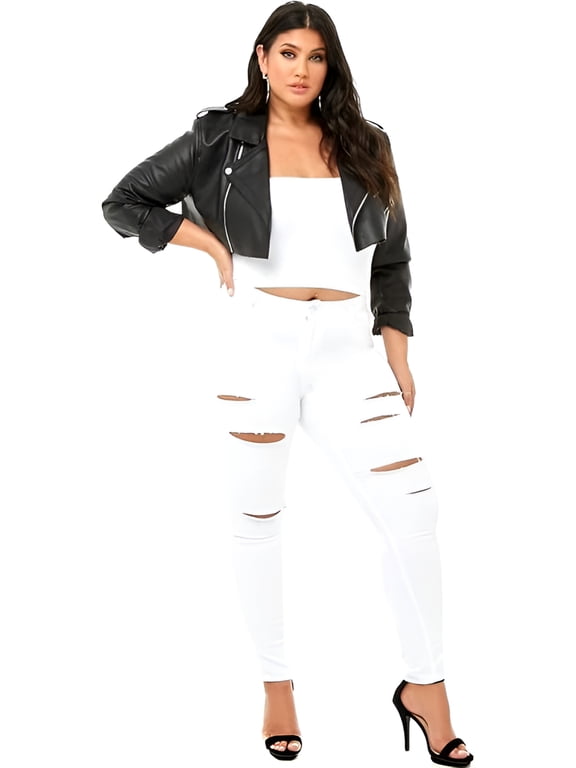 Womens Plus Size Stretch Distressed Ripped Skinny Denim Jeans Pants