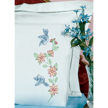 Jack Dempsey Birds Stamped Pillowcases With White Lace Edge