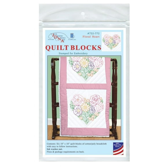 Jack Dempsey Stamped White Quilt Blocks 18"X18" 6/Pkg-Floral Heart