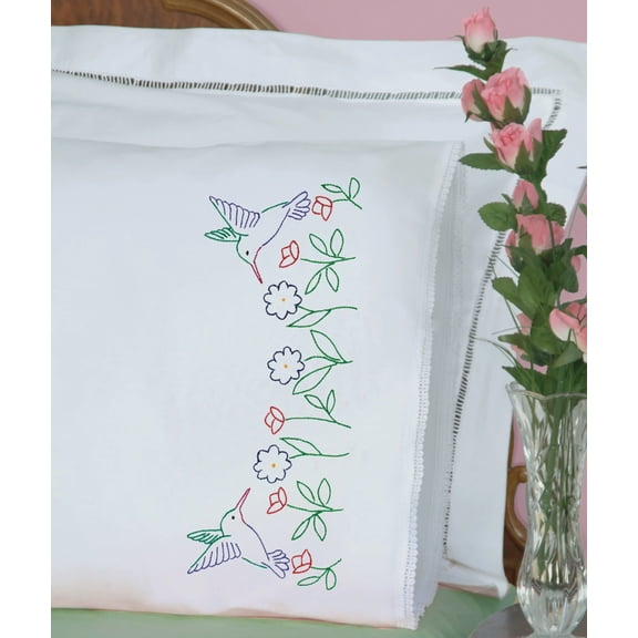Jack Dempsey Needle Art Hummingbirds Lace Edge Pillowcases