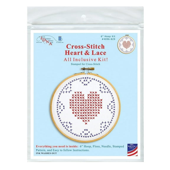 Jack Dempsey Stamped Hoop Kits 6"-Cross-Stitch Heart & Lace