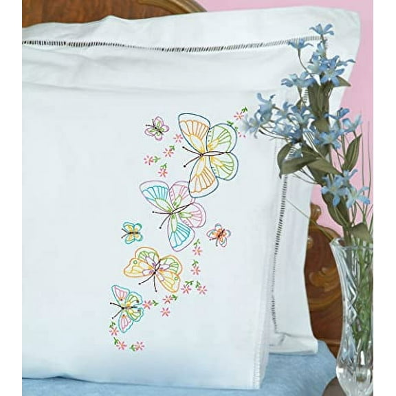 Jack Dempsey 1800 143 Stamped Pillowcases With White Lace Edge 2/Pkg-Fluttering Butterflies
