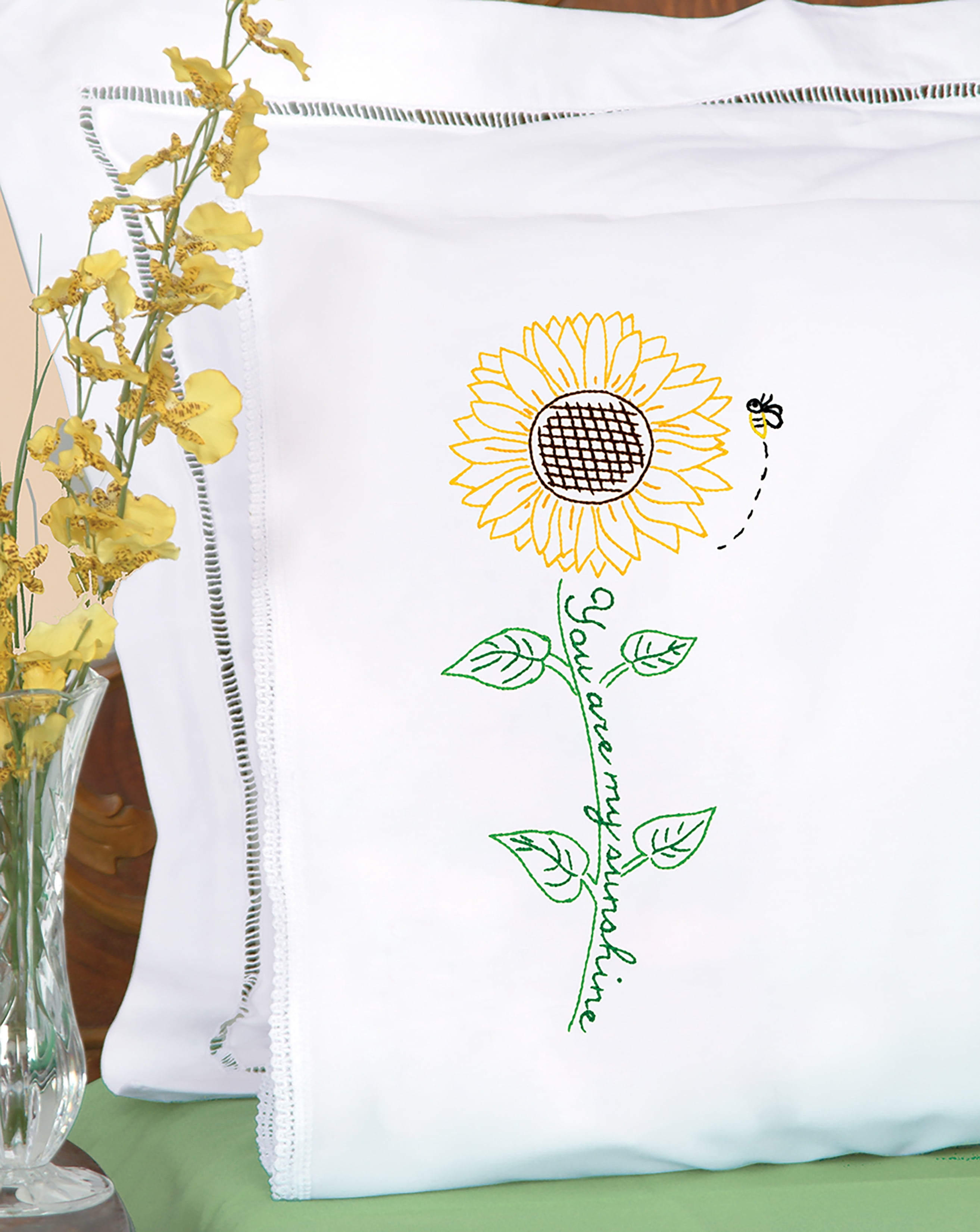 Jack Dempsey Stamped Pillowcases W/White Lace Edge 2/PkgSunflower