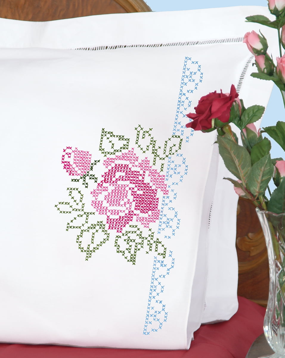White Cotton Polyester Embroidered Standard Pillowcases with Rose Design