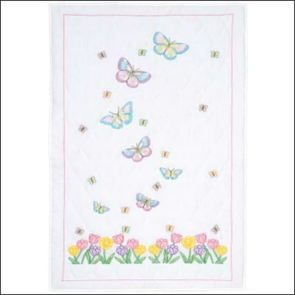 Jack Dempsey Stamped White Lap Quilt Top 40"X60"-Beautiful Blooms