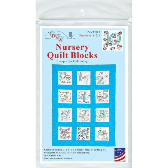 Jack Dempsey Stamped White Nursery Quilt Blocks 9"X9" 12/Pkg-Numbers 1,2,3