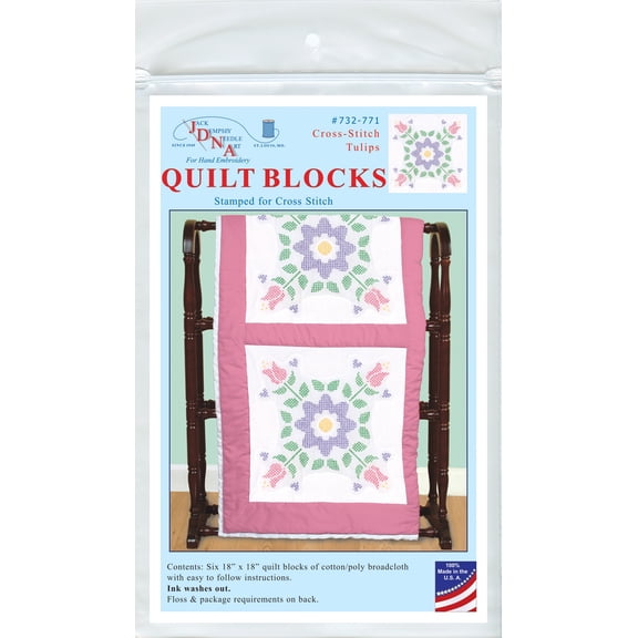 Jack Dempsey Stamped White Quilt Blocks 18"X18" 6/Pkg-Cross-Stitch Tulips