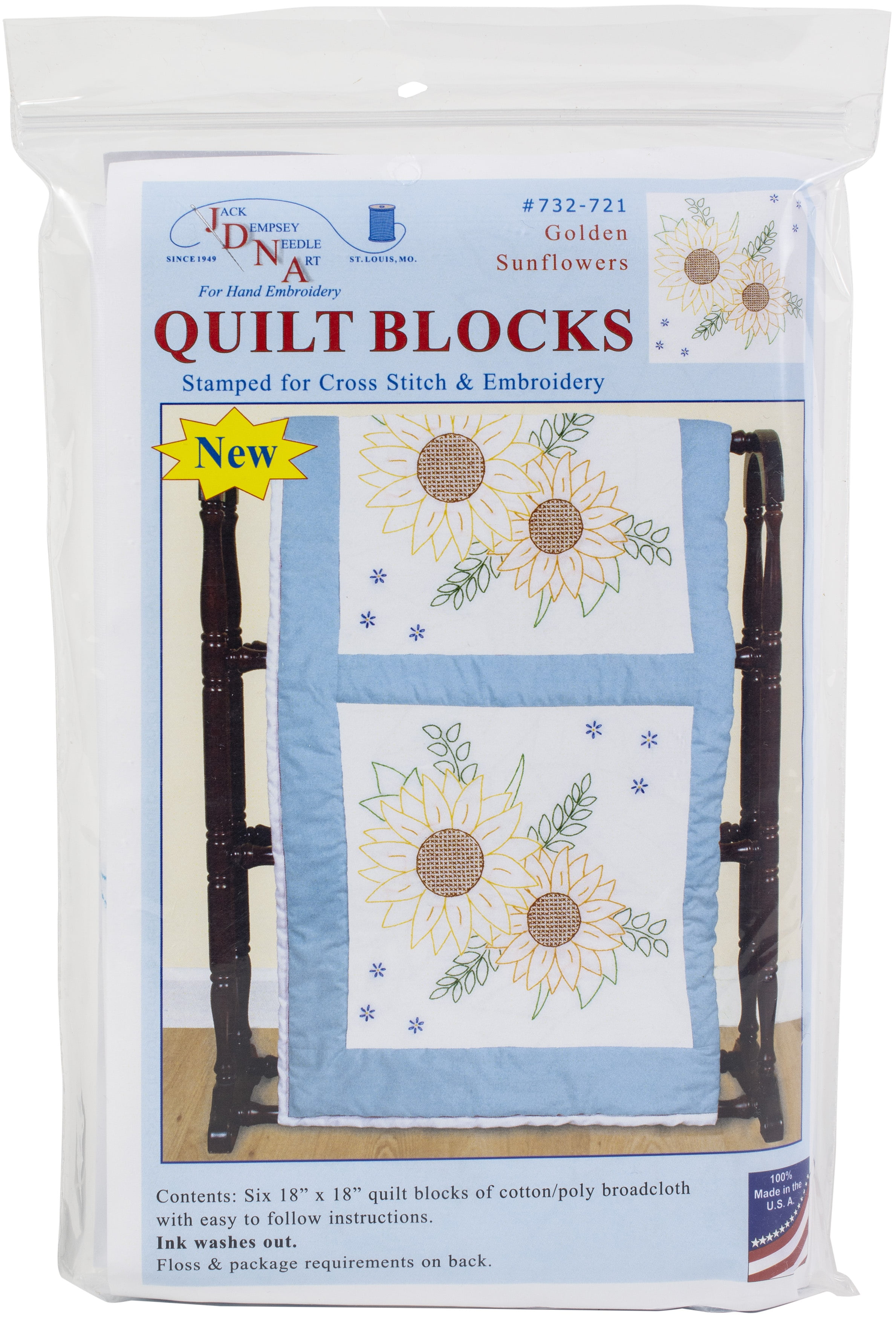 Jack Dempsey Gestempelte Quilt-Blöcke „Basket Of Sunflowers“, 18x18 Zoll, 6er Pack – Waschbare Tinte Für Handstickerei