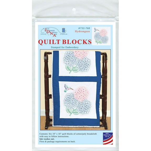 Jack Dempsey Stamped White Quilt Blocks 18"X18" 6/Pkg-Hydrangeas