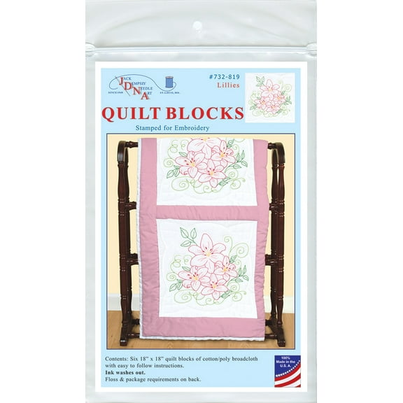 Jack Dempsey Stamped White Quilt Blocks 18"X18" 6/Pkg-Lillies