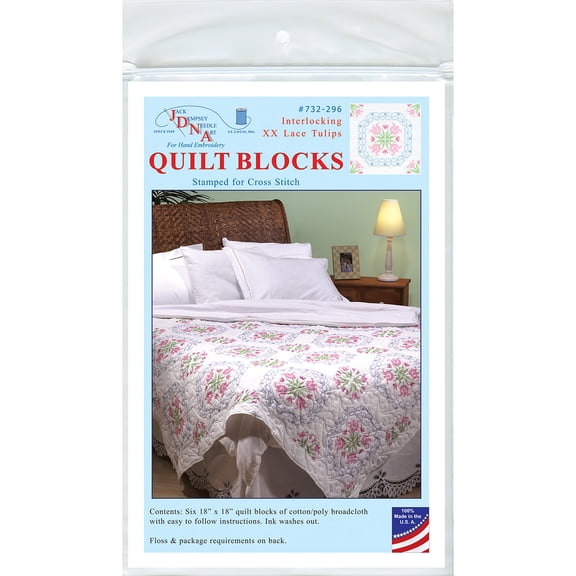Jack Dempsey Stamped White Quilt Blocks 18"X18" 6/Pkg-XX Lace Tulips