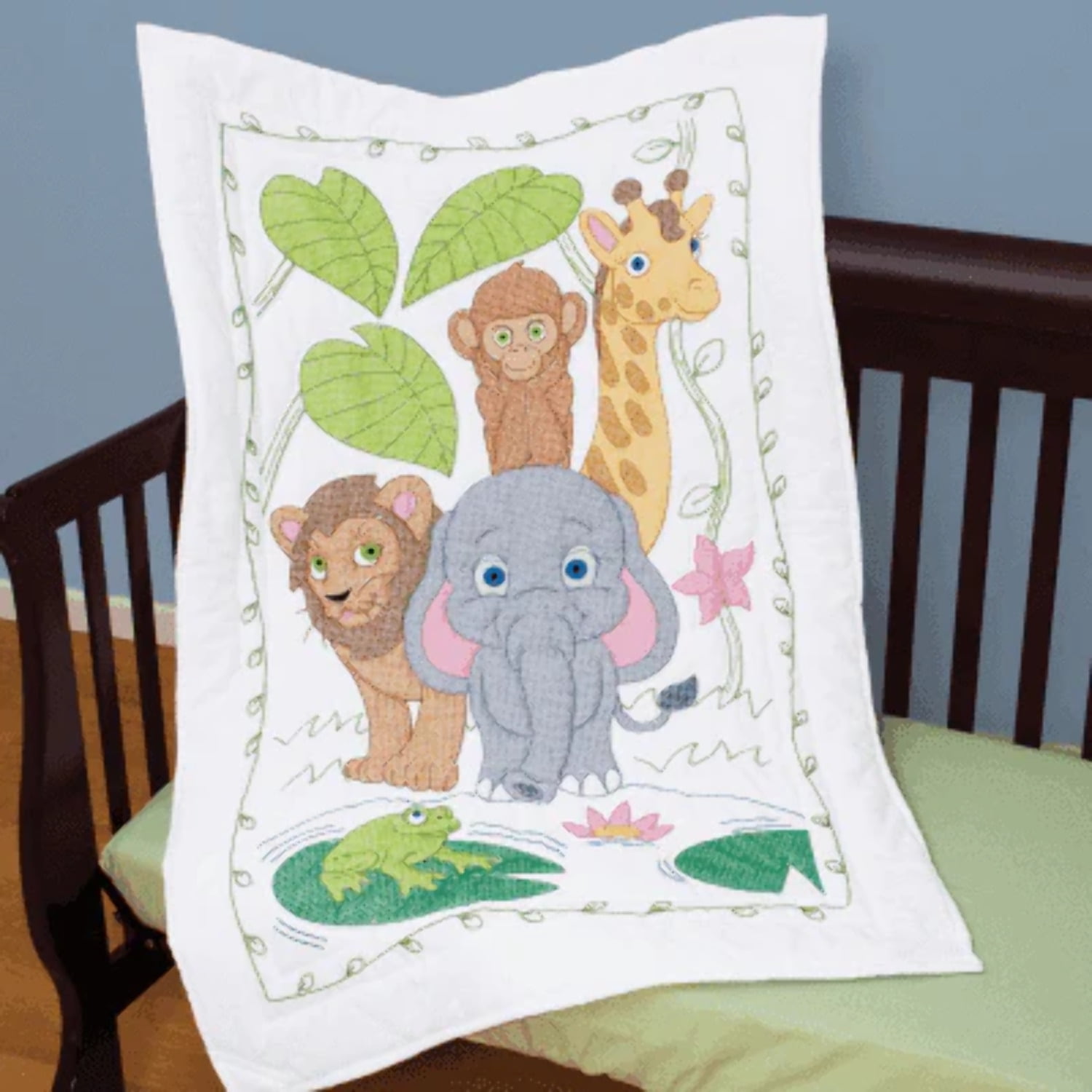 White Jungle Animal Cotton Crib Quilt Top