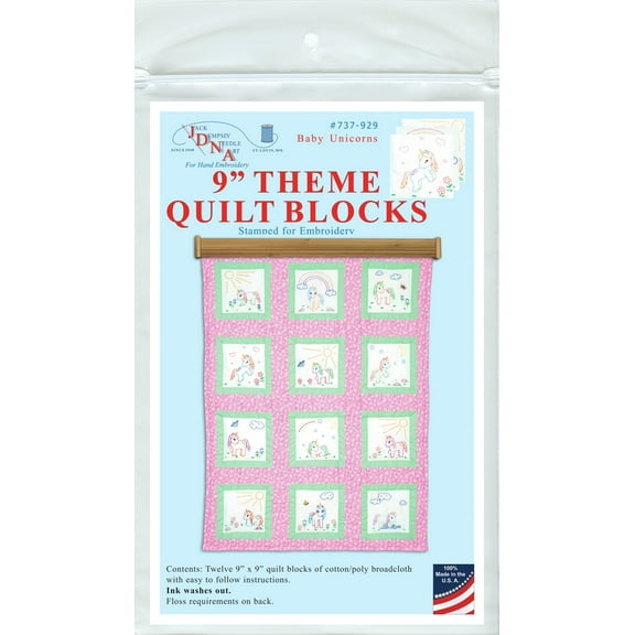 Jack Dempsey Themed Stamped White Quilt Blocks 9"X9" 12/Pkg-Baby Unicorn
