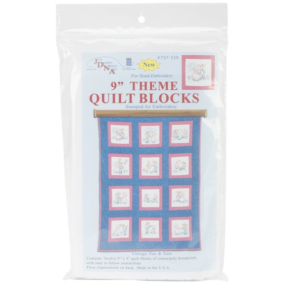 Jack Dempsey Themed Stamped White Quilt Blocks 9"X9" 12/Pkg-Sunbonnet Sue & Sam