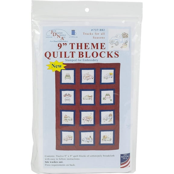 Jack Dempsey Themed Stamped White Quilt Blocks 9"X9" 12/Pkg-Trucks for all Seasons
